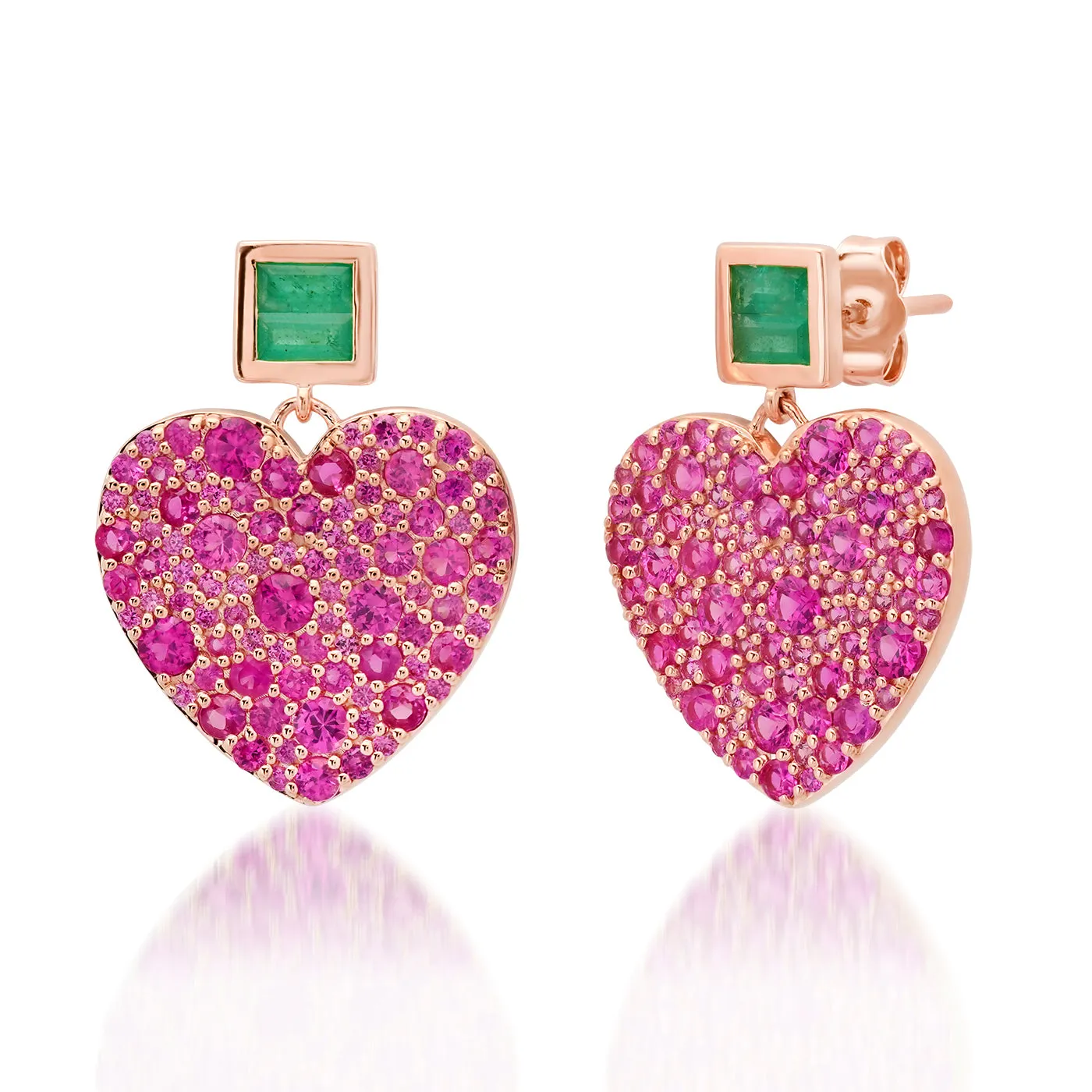 Deep Pink Sapphire and Emerald Jumbo Sweetheart Earrings