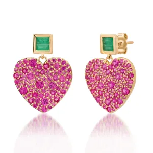 Deep Pink Sapphire and Emerald Jumbo Sweetheart Earrings