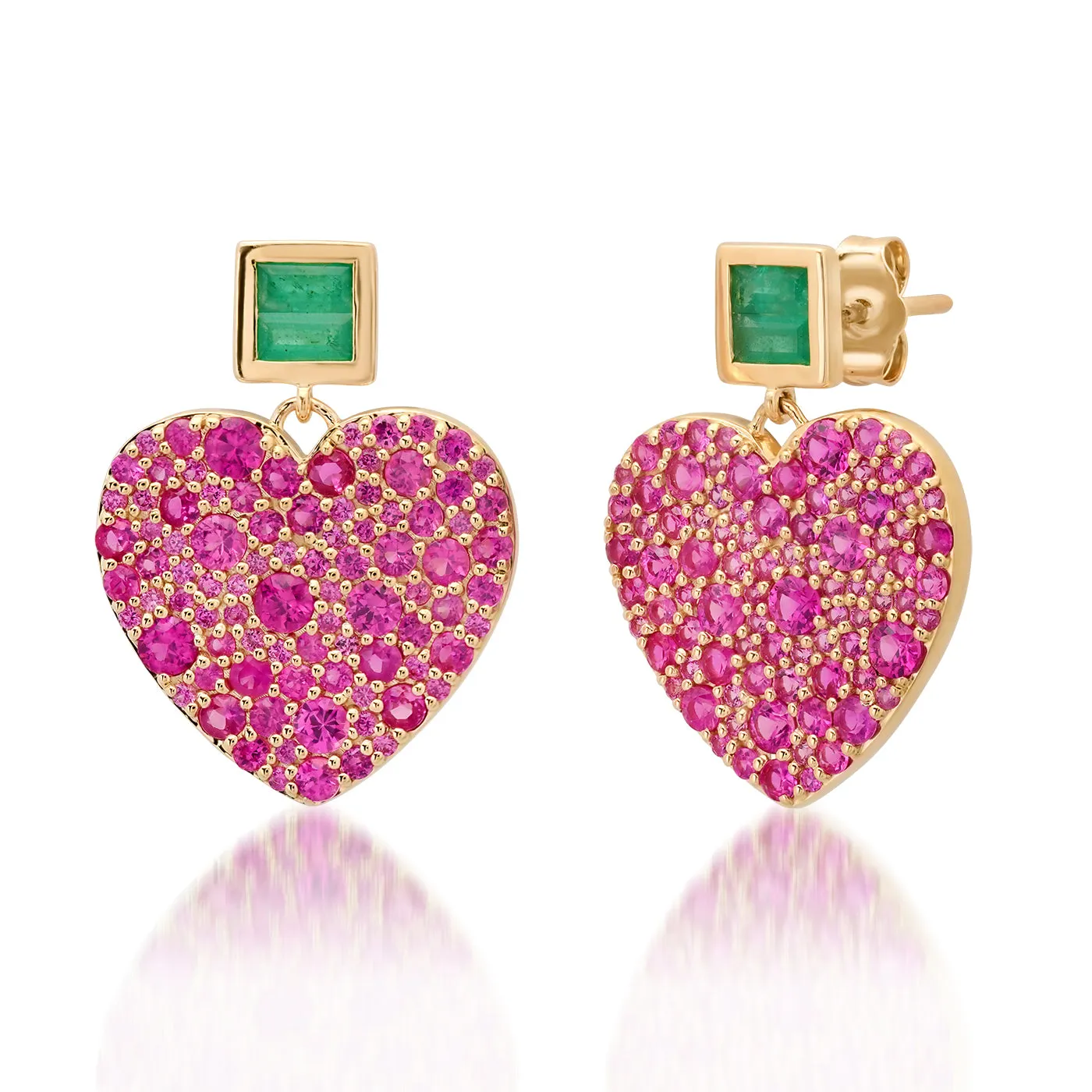 Deep Pink Sapphire and Emerald Jumbo Sweetheart Earrings