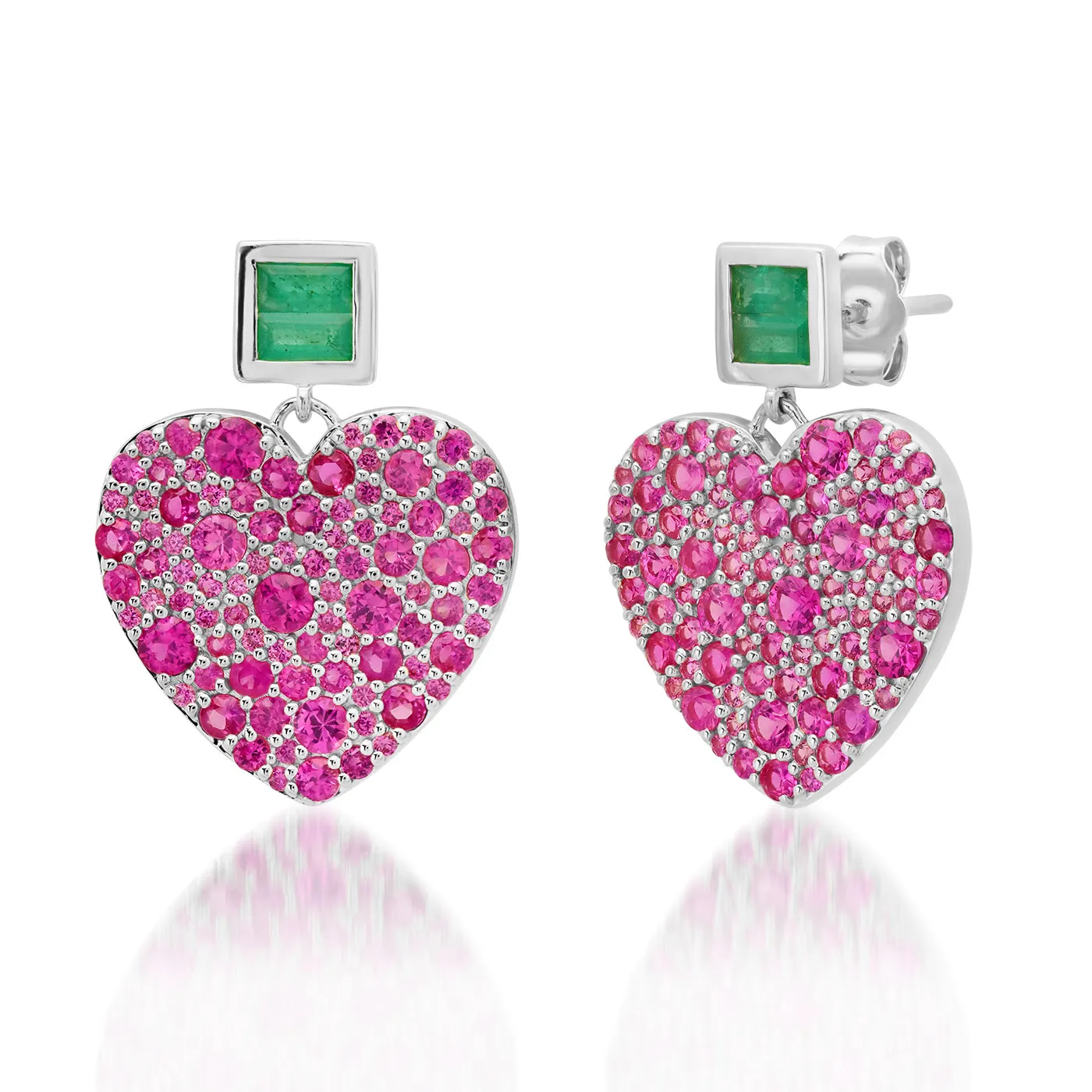 Deep Pink Sapphire and Emerald Jumbo Sweetheart Earrings