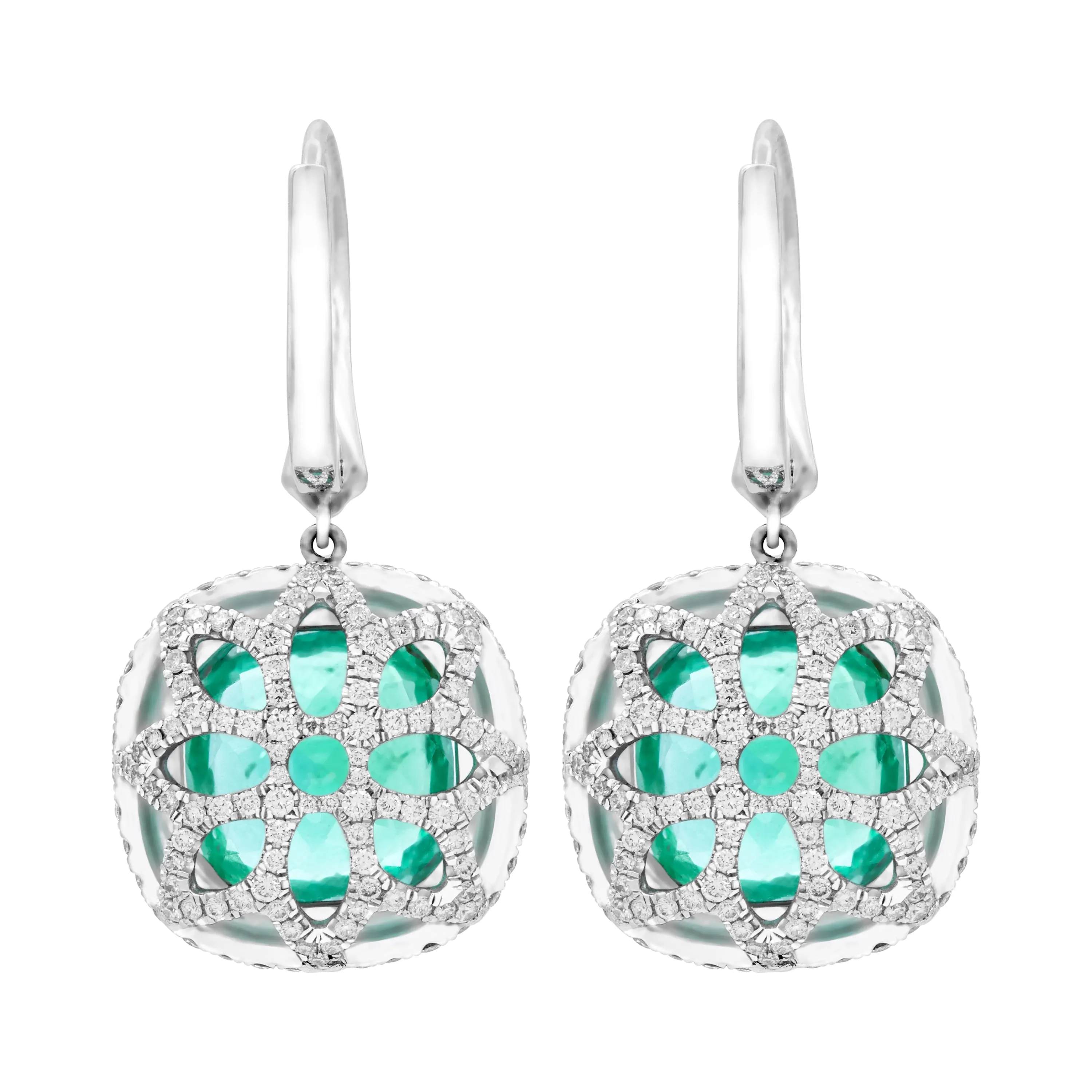 Diamond Earrings with Green Columbian Emeralds in 18 Karat White Gold