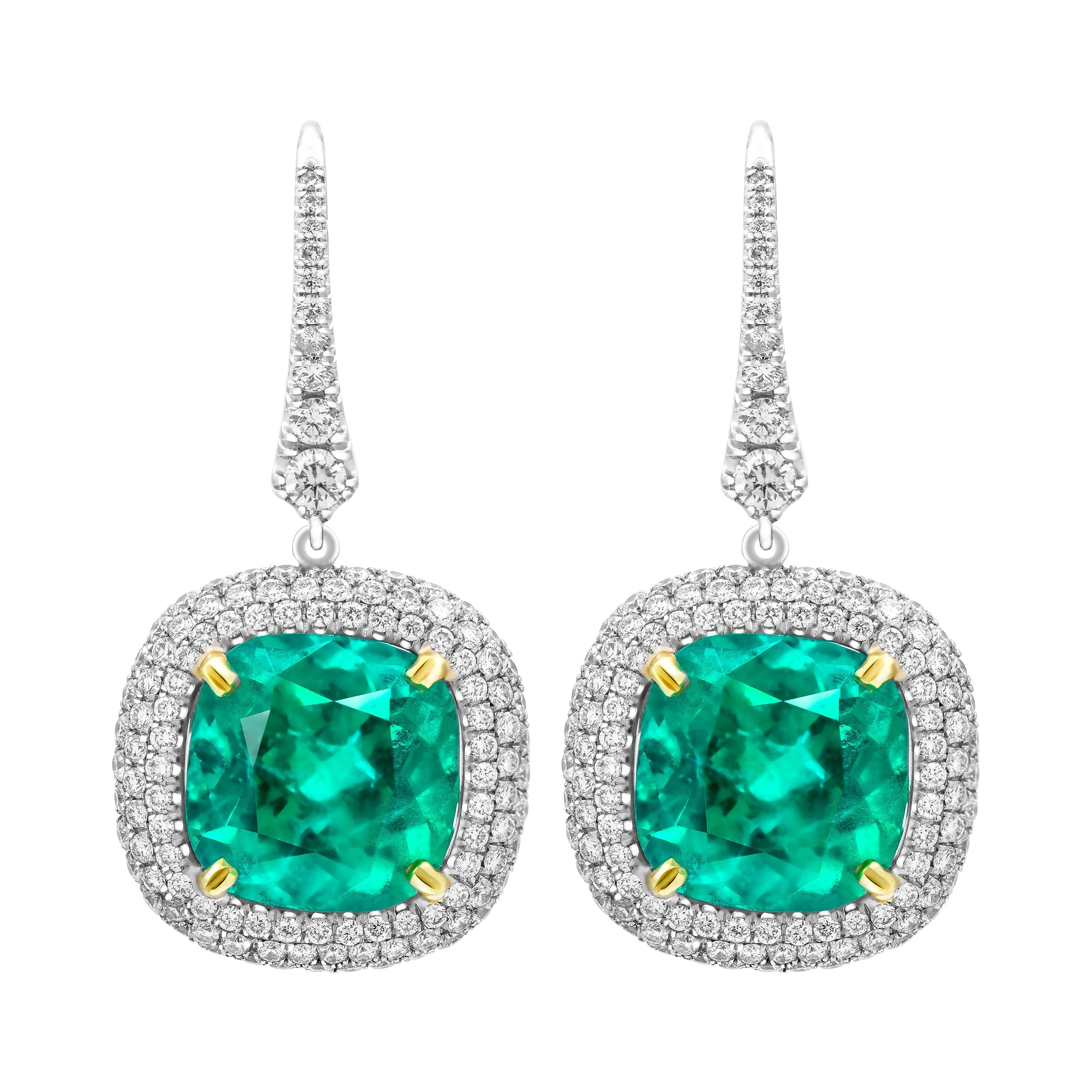 Diamond Earrings with Green Columbian Emeralds in 18 Karat White Gold