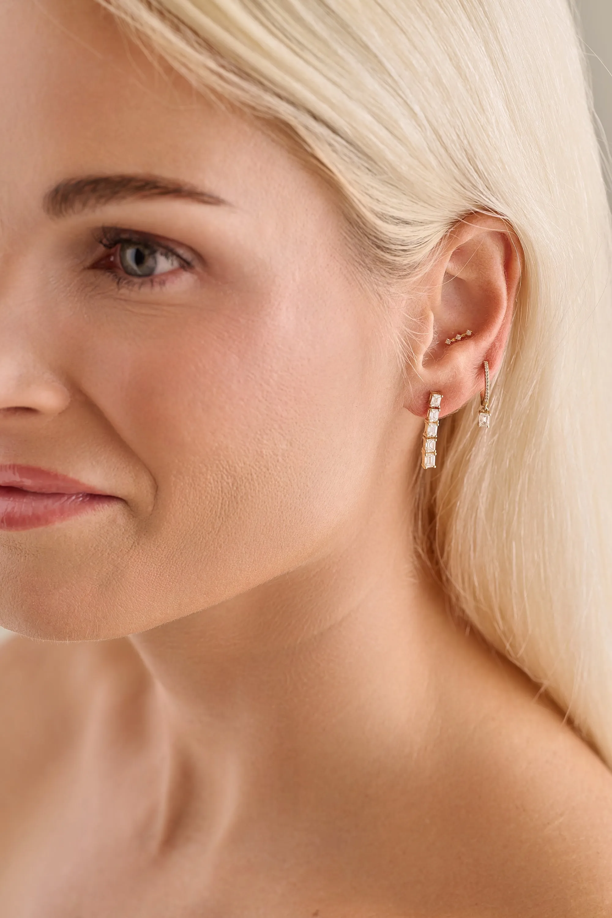 Diamond Huggies with Emerald Cut Diamond Drop