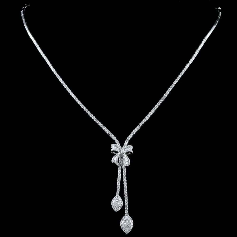 Diamond Necklace 18Ct White Gold Marquise Diamond Bow Dropper