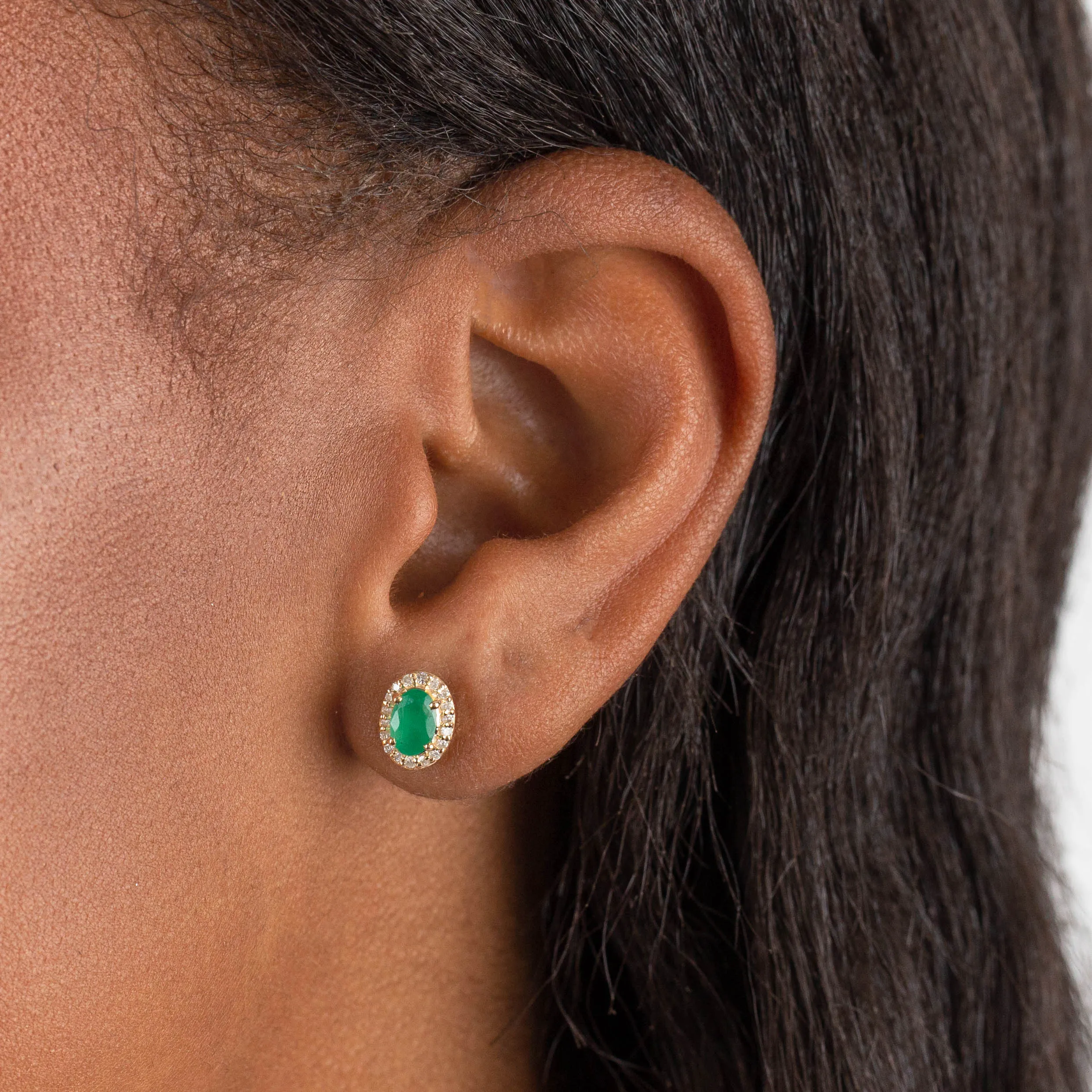 Diamond X Emerald Oval Stud Earring 14K