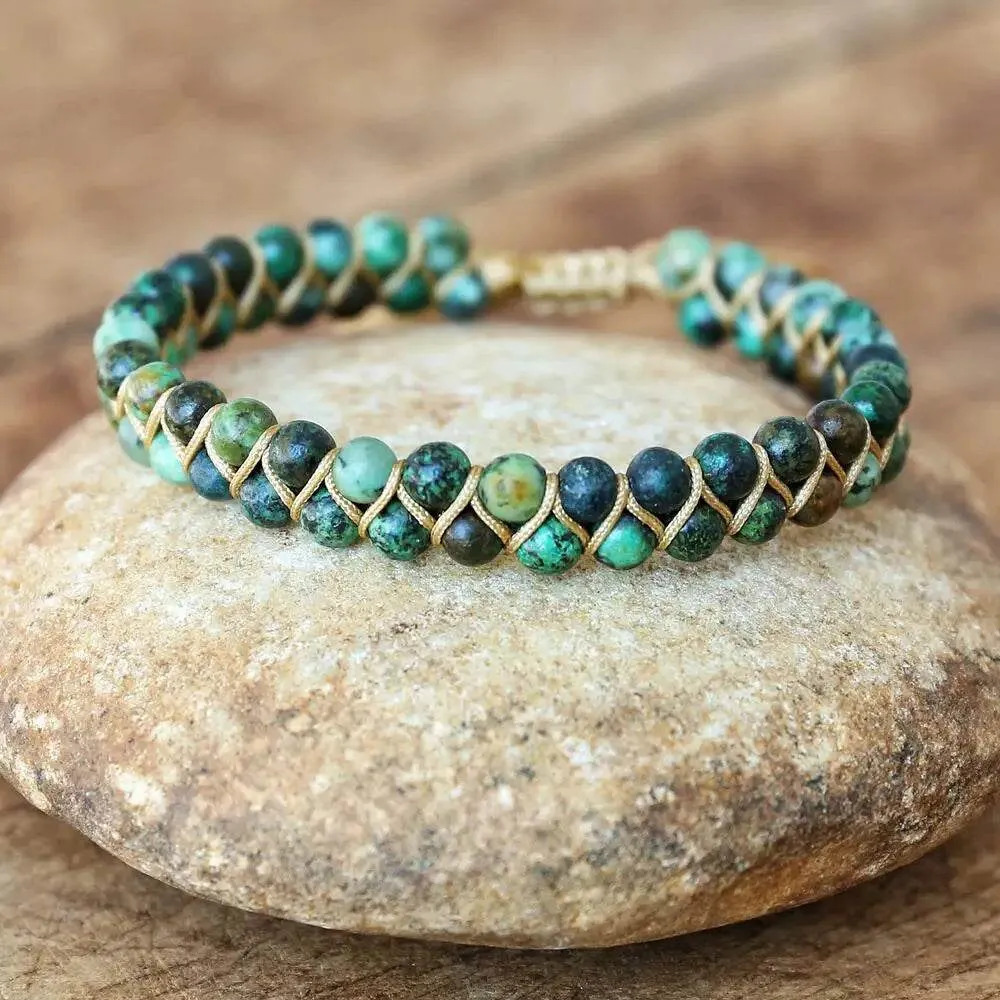 Double Layer Natural Stone African Jasper Bracelets woven Bohemia Zinc