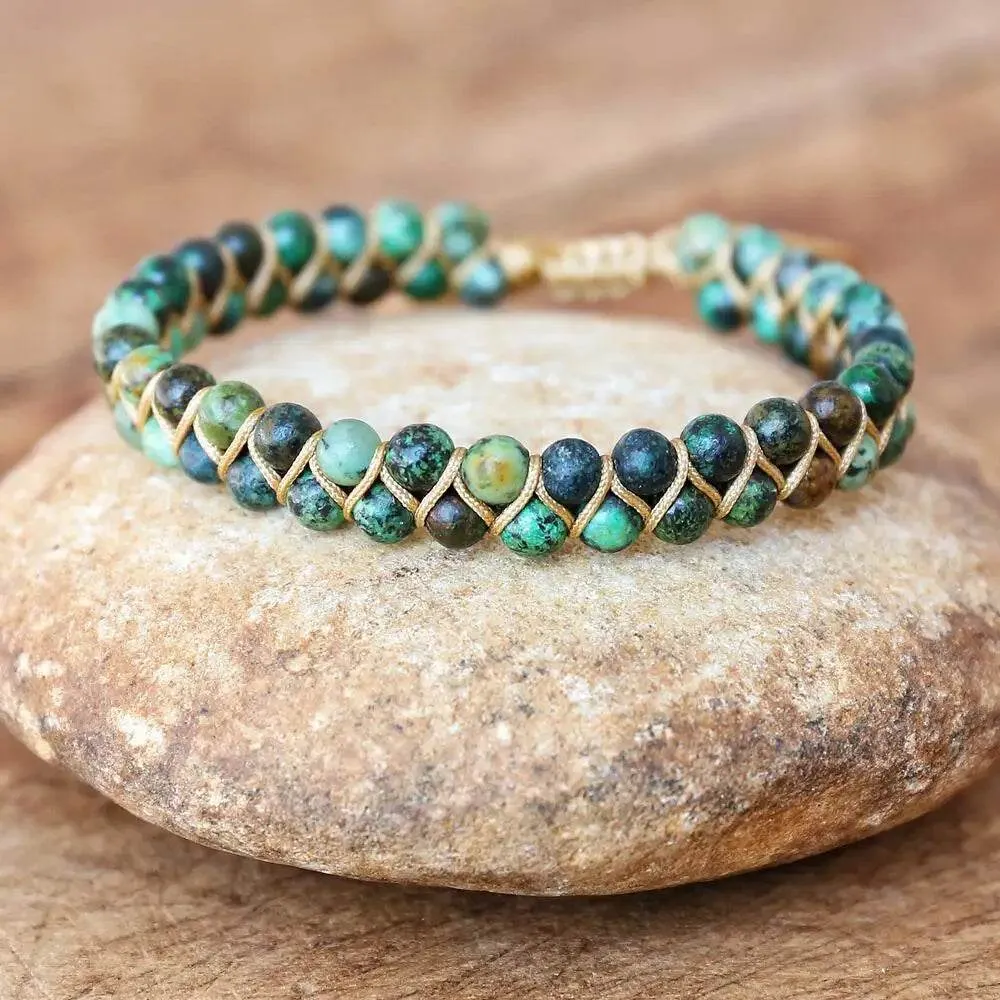 Double Layer Natural Stone African Jasper Bracelets woven Bohemia Zinc