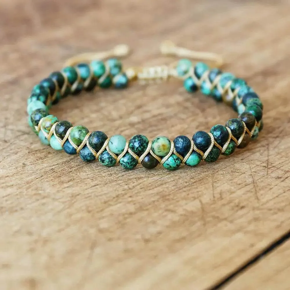 Double Layer Natural Stone African Jasper Bracelets woven Bohemia Zinc