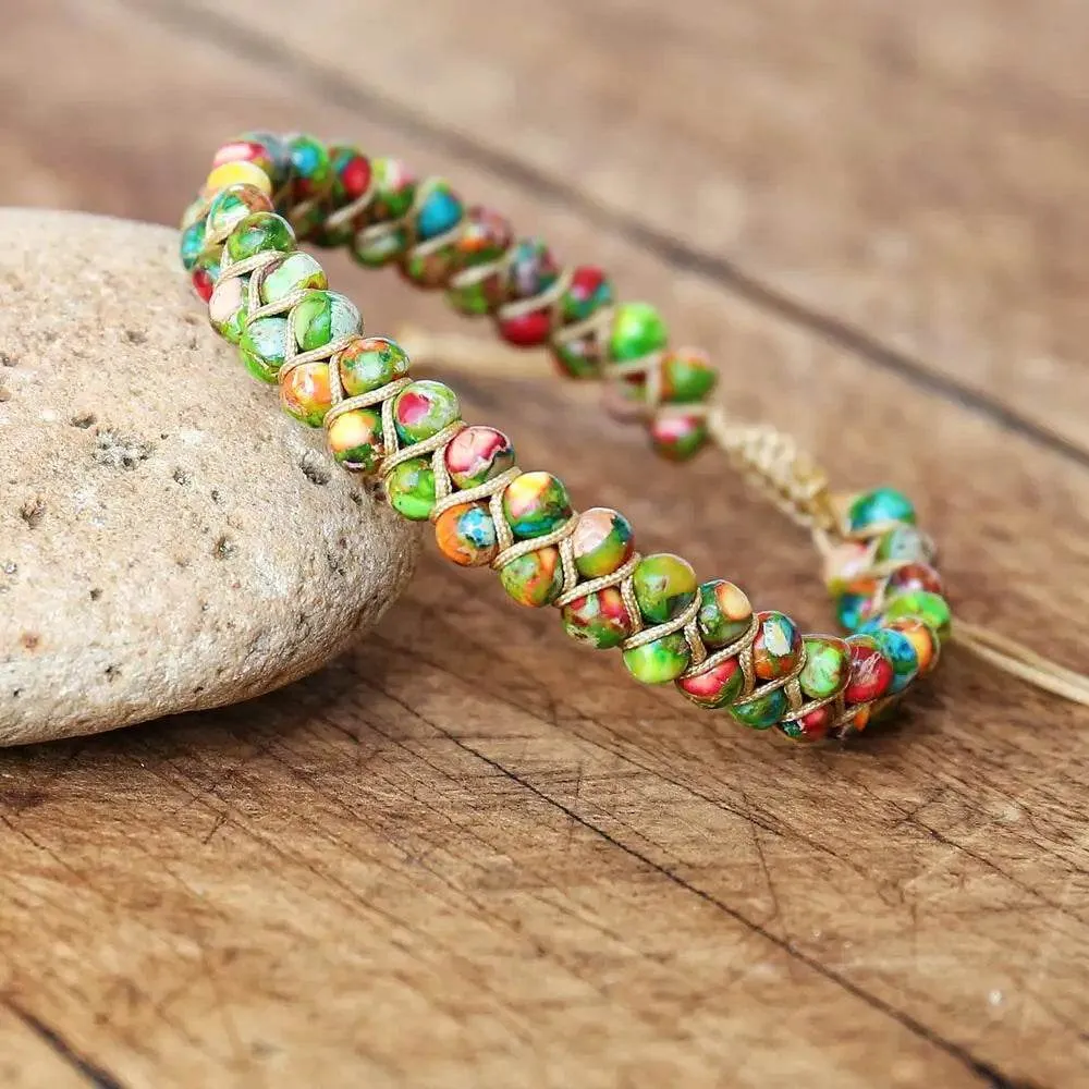 Double Layer Natural Stone African Jasper Bracelets woven Bohemia Zinc