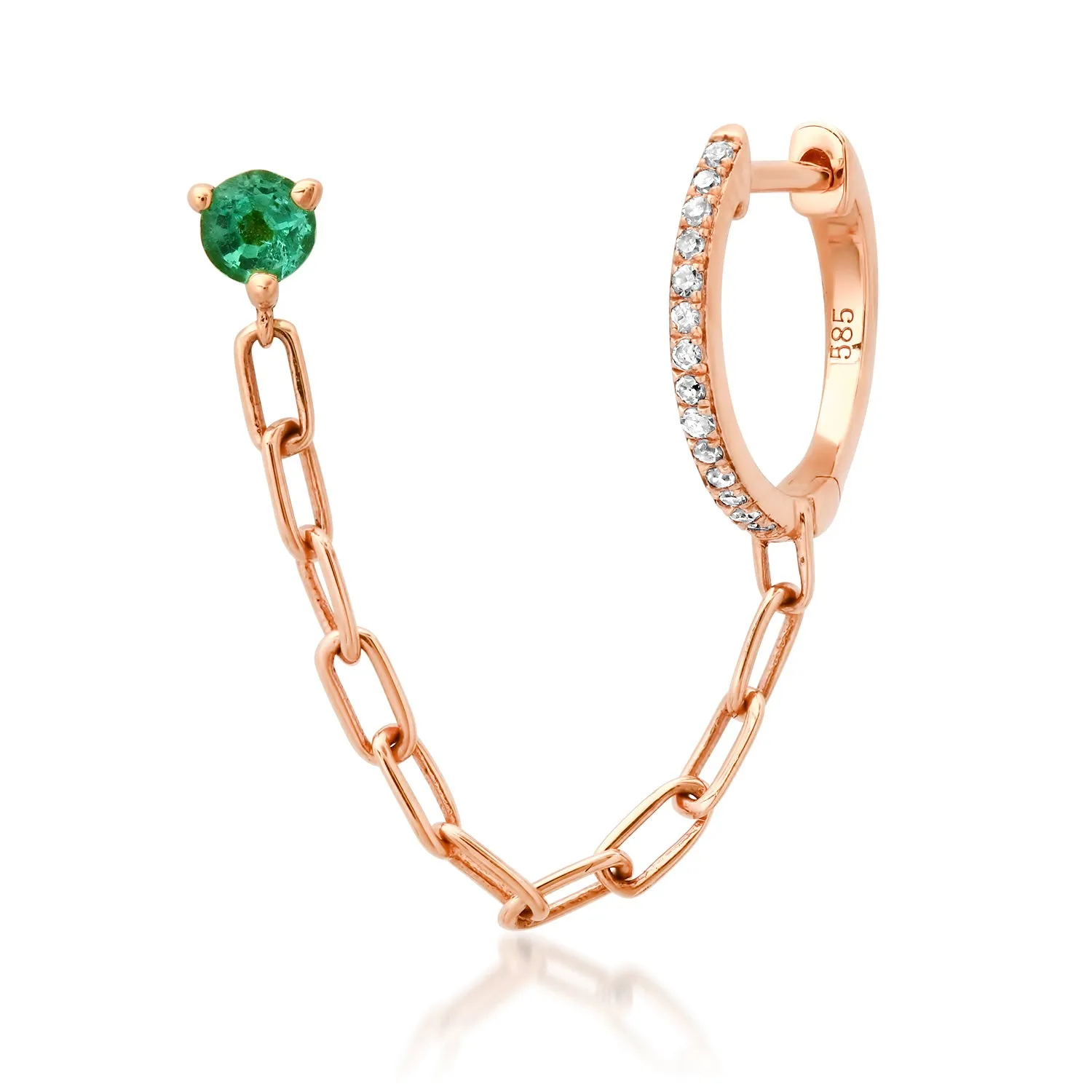 Double Pierce Diamond & Emerald Chain Huggie Hoop & Stud Earring