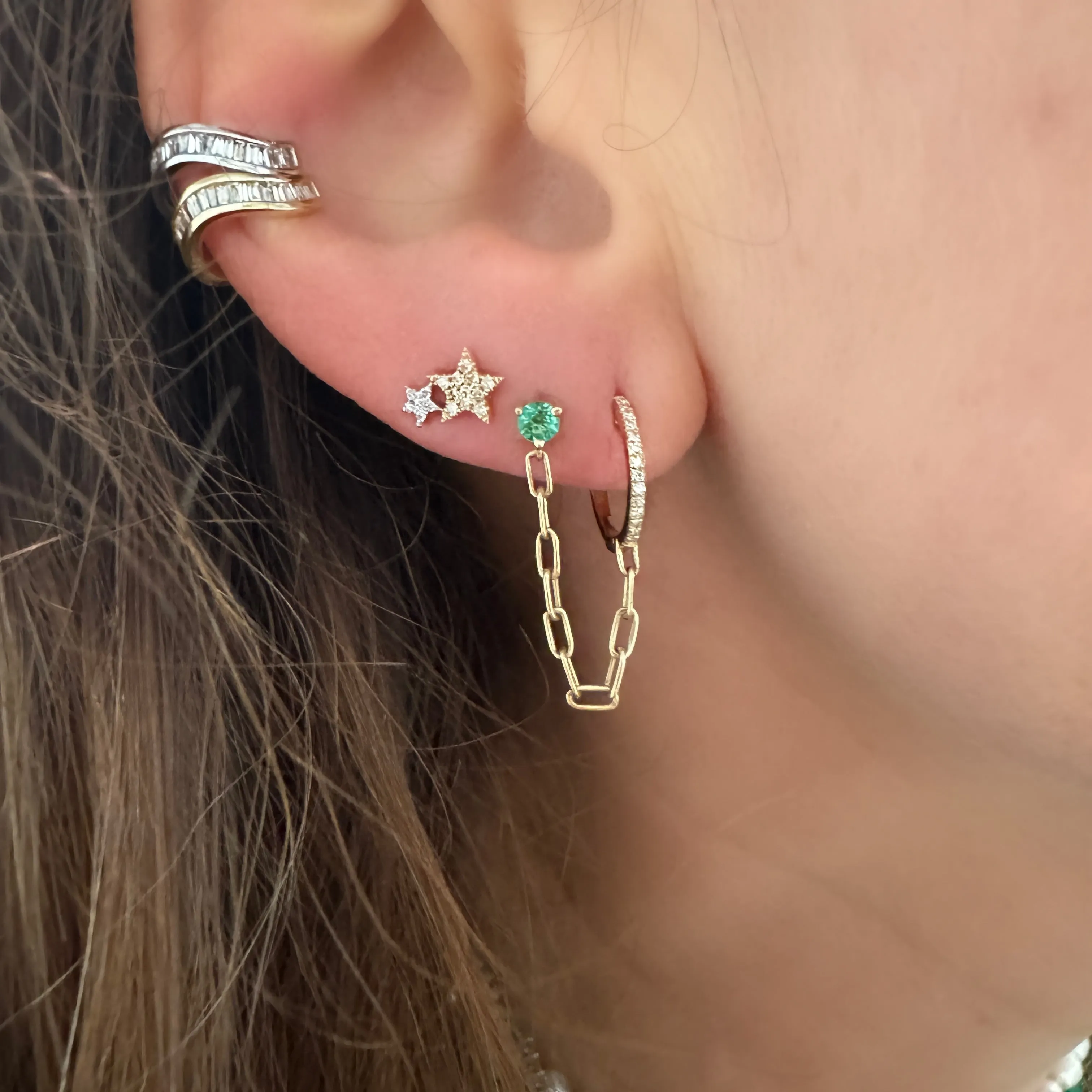 Double Pierce Diamond & Emerald Chain Huggie Hoop & Stud Earring