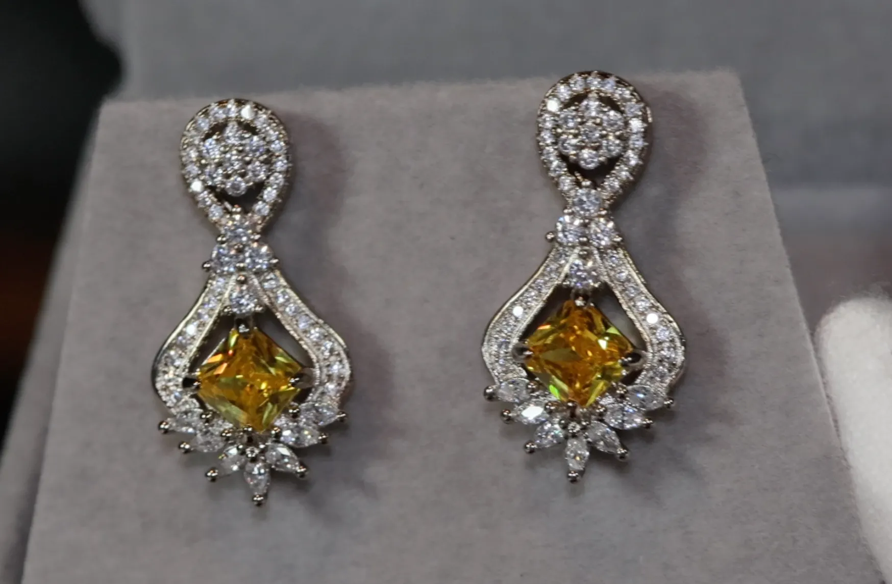 Drop Earrings | Princess Cut Diamond Earrings | Yellow Diamond Earrings | Classy Diamond Earrings | Womens Earrings | Dangle Earrings