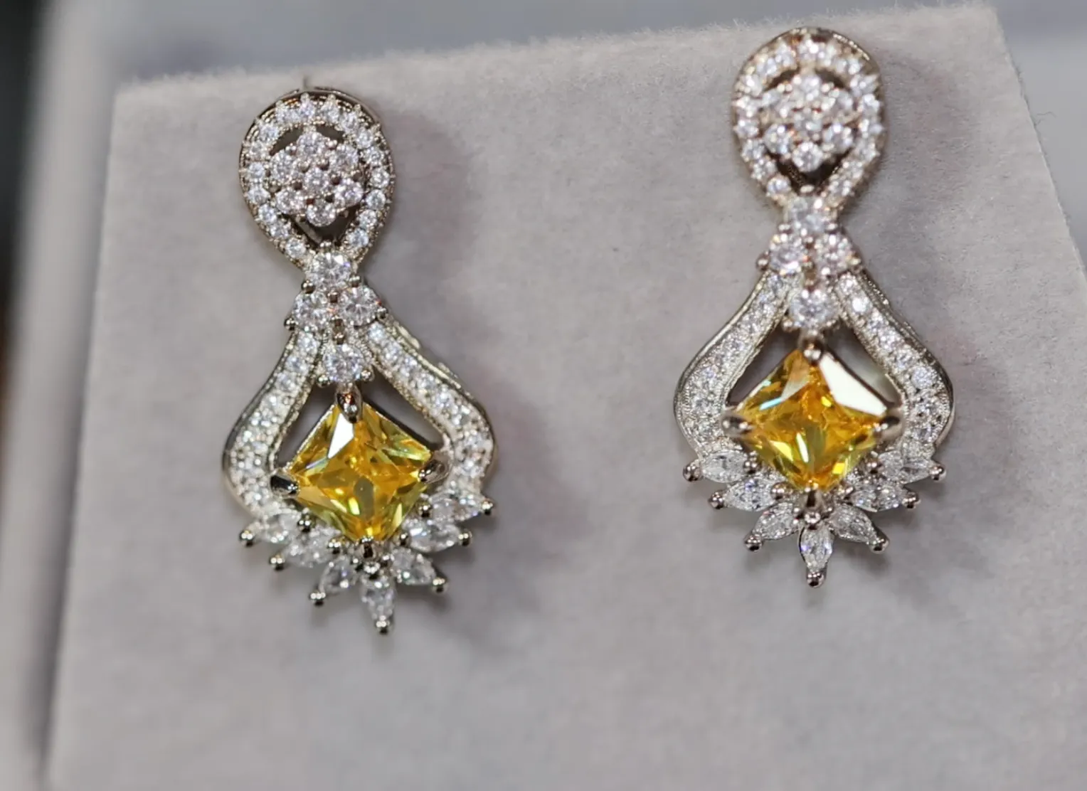 Drop Earrings | Princess Cut Diamond Earrings | Yellow Diamond Earrings | Classy Diamond Earrings | Womens Earrings | Dangle Earrings