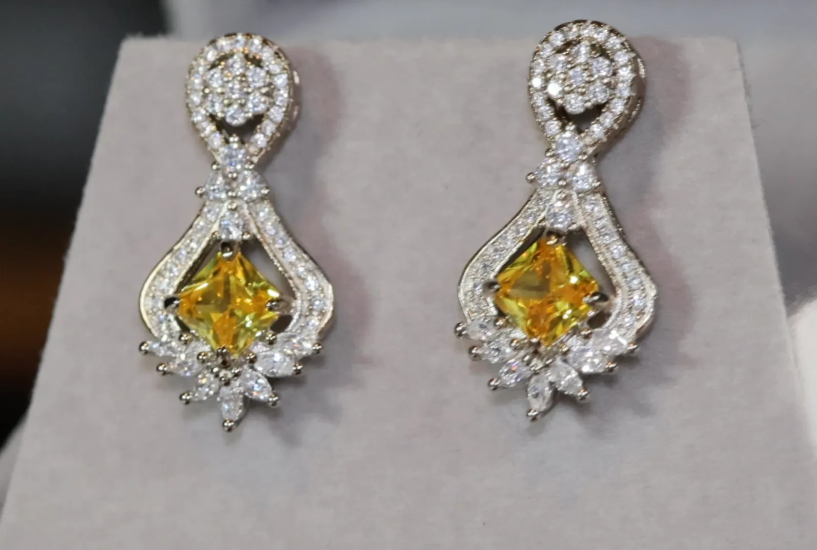 Drop Earrings | Princess Cut Diamond Earrings | Yellow Diamond Earrings | Classy Diamond Earrings | Womens Earrings | Dangle Earrings