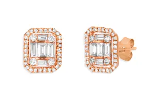 Earrings 18kt Rose Gold Emerald Illusion Diamonds Halo Studs
