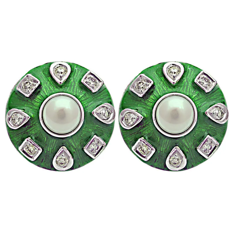 Earrings-Fresh Water Pearl and Diamond (Enamel)