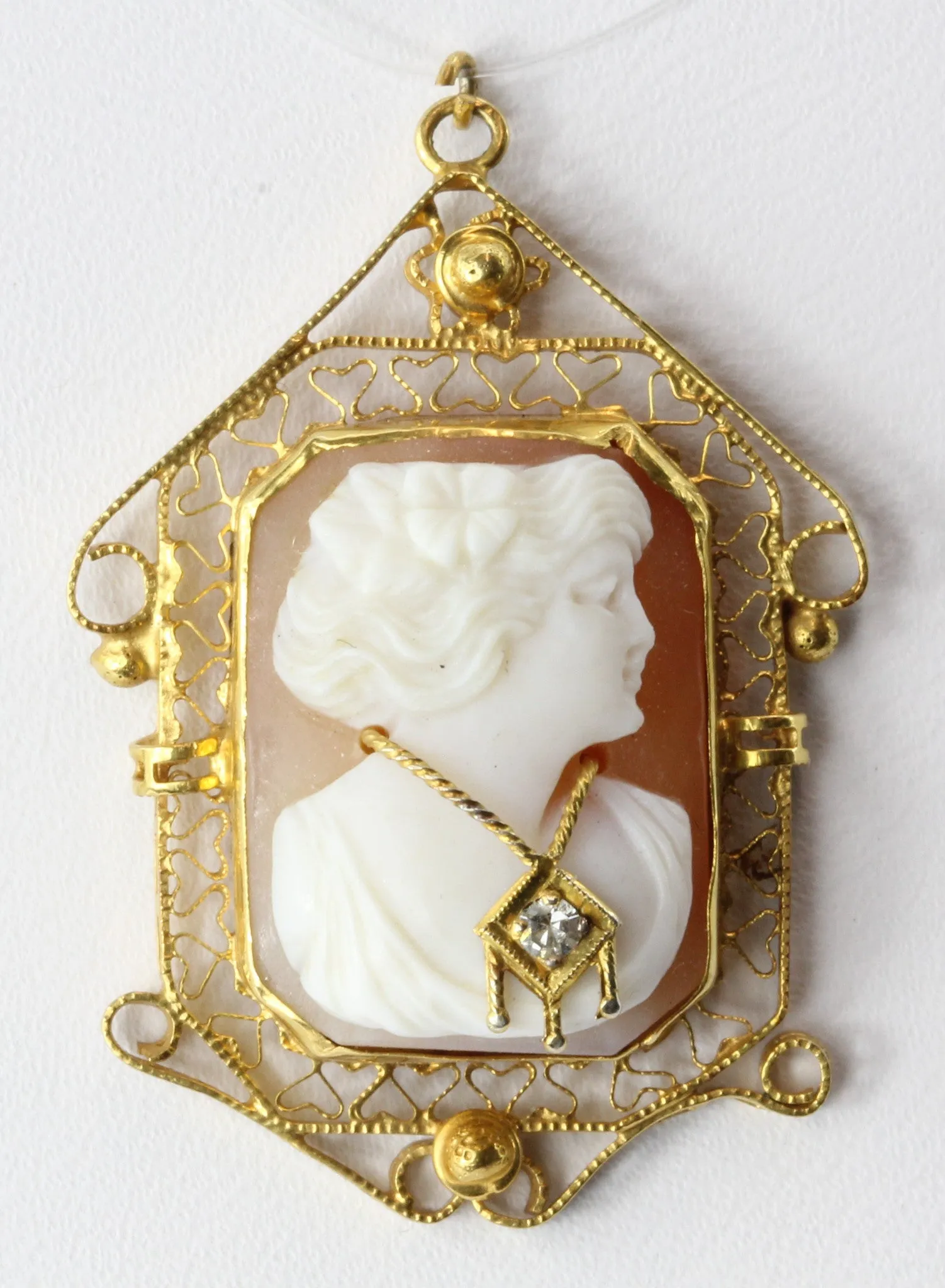 Edwardian 14K Gold Diamond Carved Shell Habille Pendant