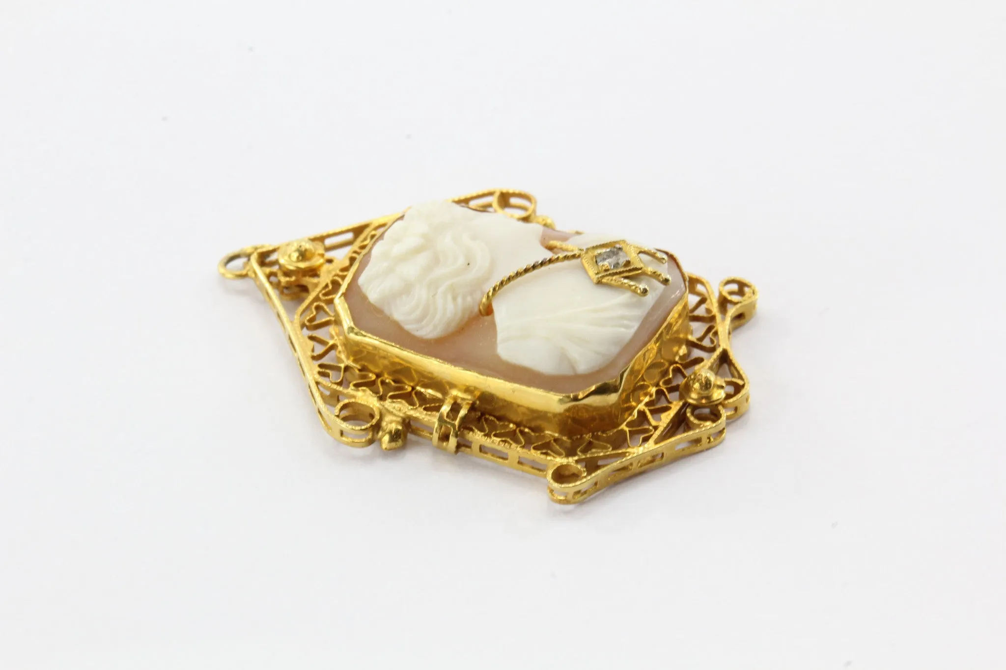 Edwardian 14K Gold Diamond Carved Shell Habille Pendant