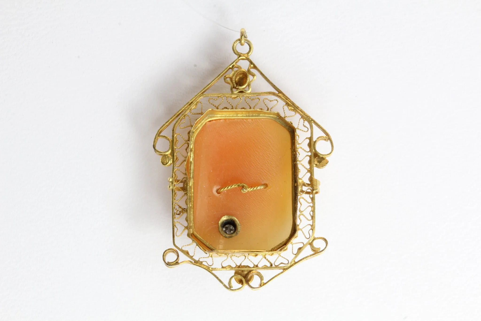 Edwardian 14K Gold Diamond Carved Shell Habille Pendant