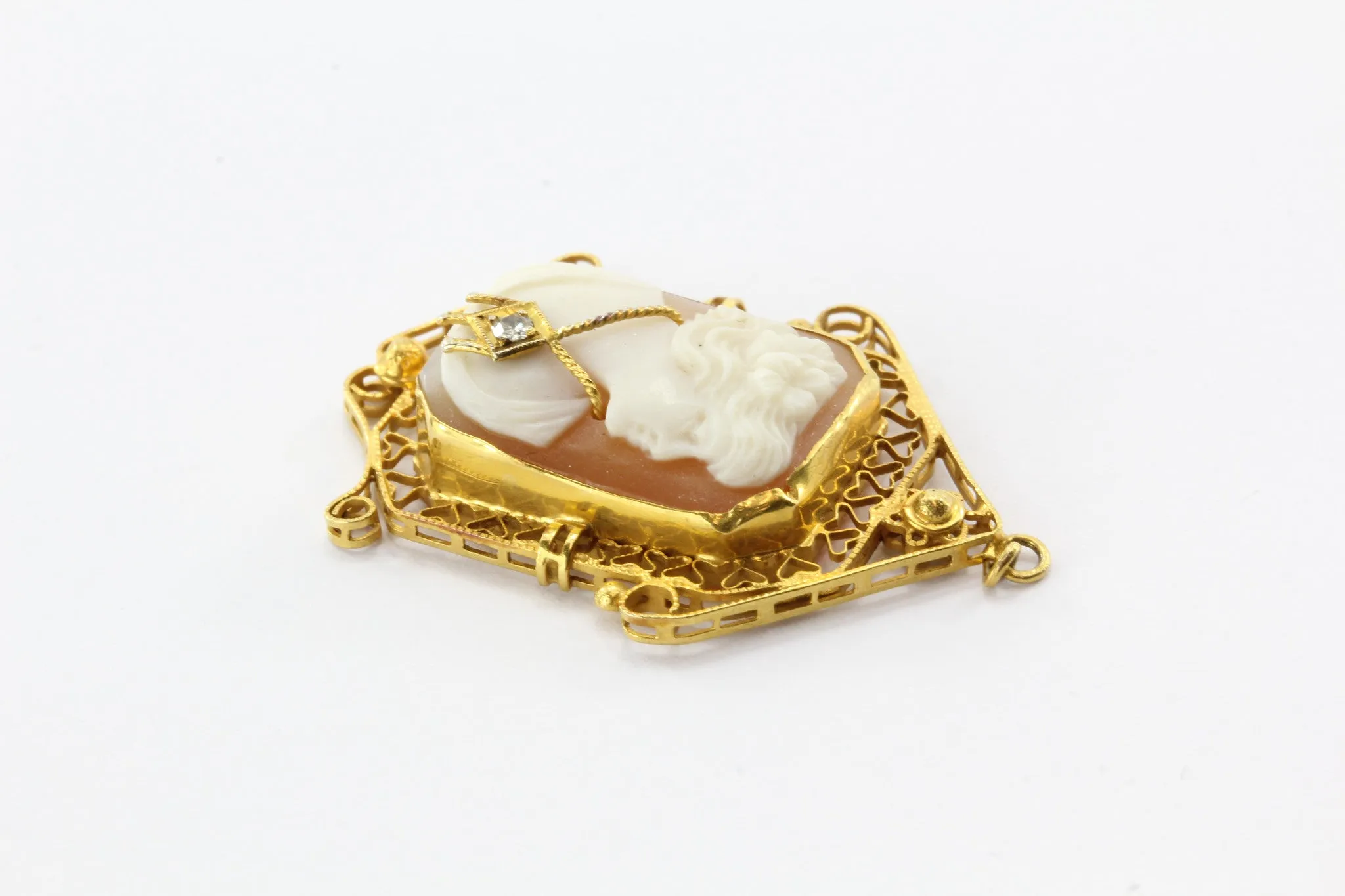 Edwardian 14K Gold Diamond Carved Shell Habille Pendant