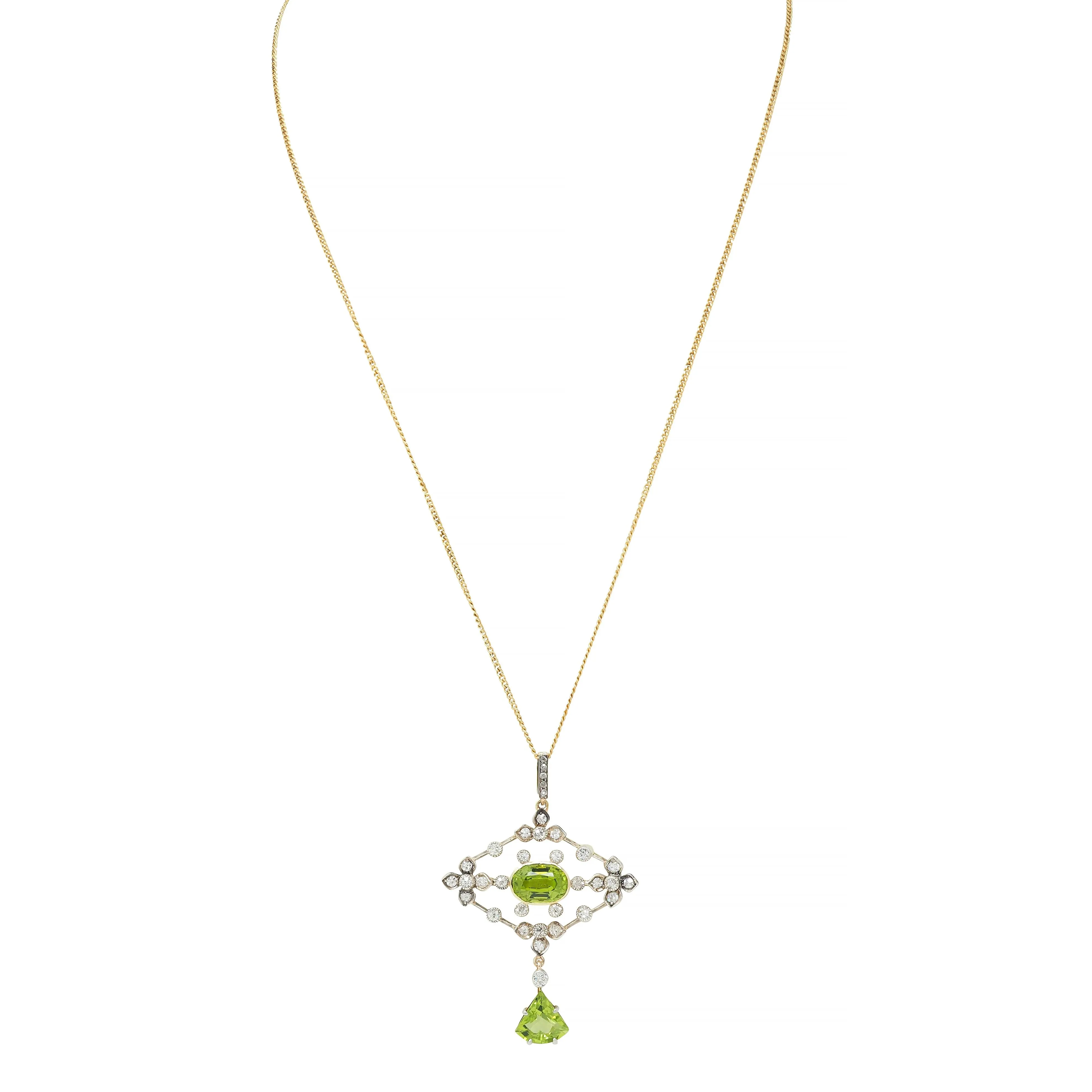 Edwardian 4.92 CTW Peridot Diamond 18 Karat Gold Silver Floral Antique Drop Pendant Necklace