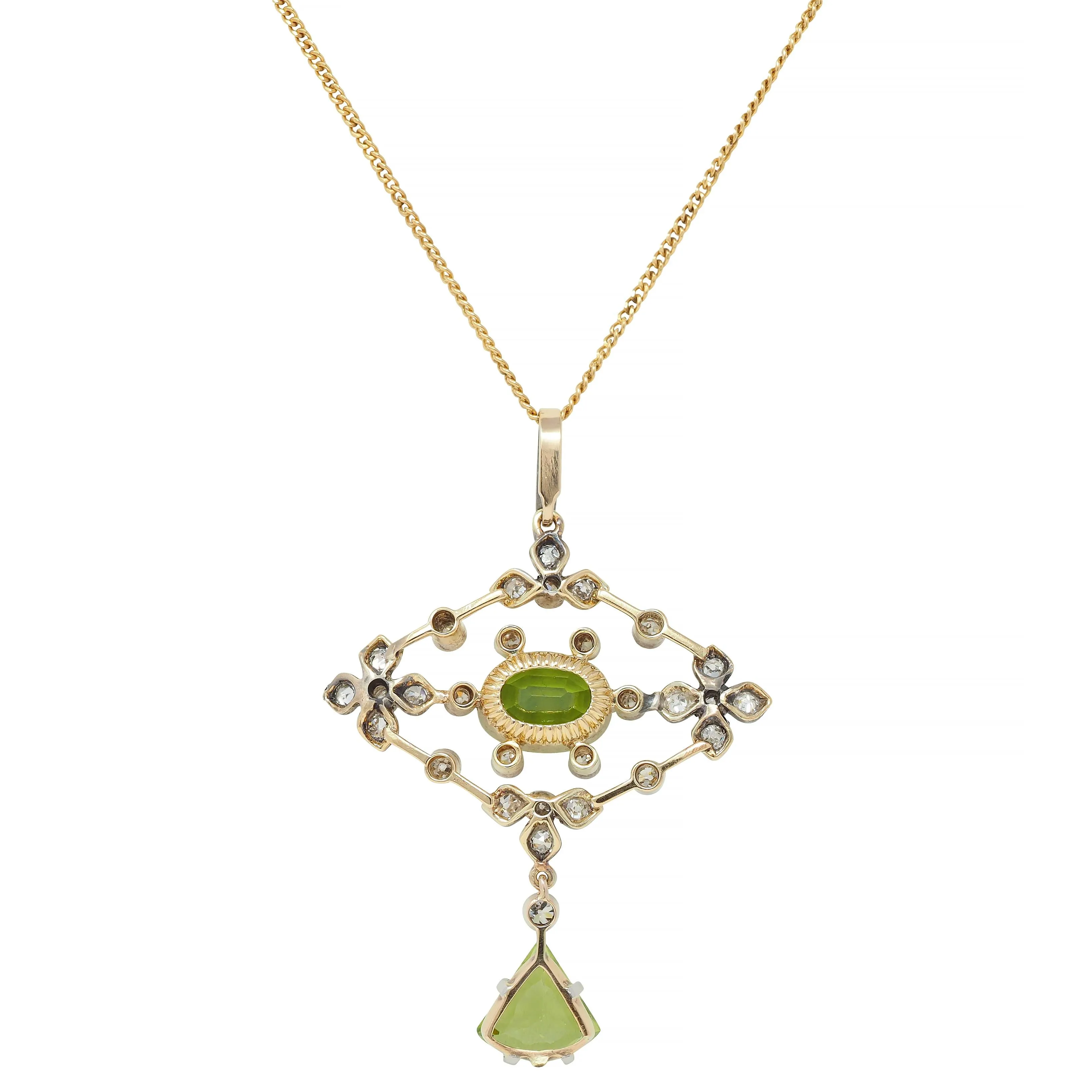 Edwardian 4.92 CTW Peridot Diamond 18 Karat Gold Silver Floral Antique Drop Pendant Necklace