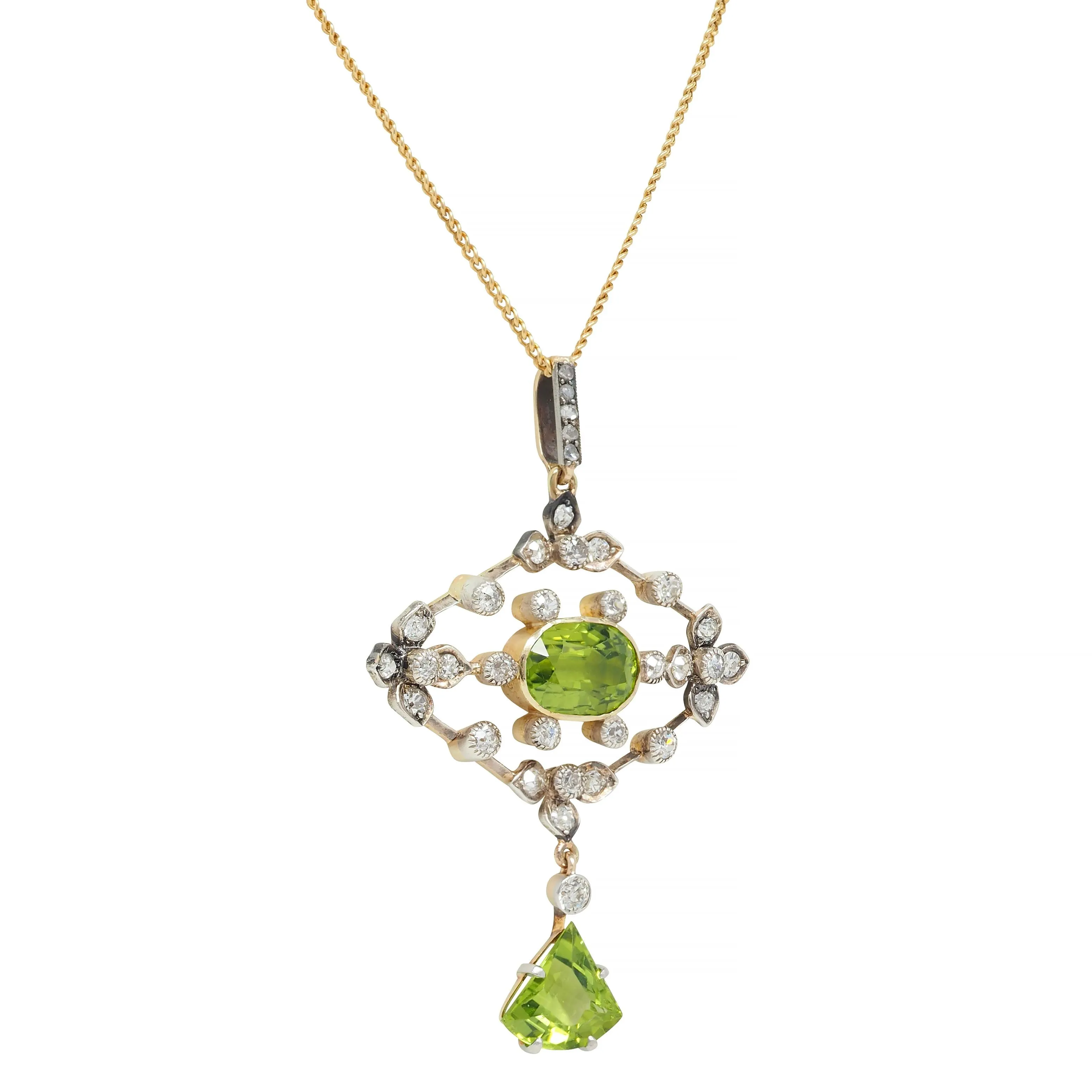 Edwardian 4.92 CTW Peridot Diamond 18 Karat Gold Silver Floral Antique Drop Pendant Necklace