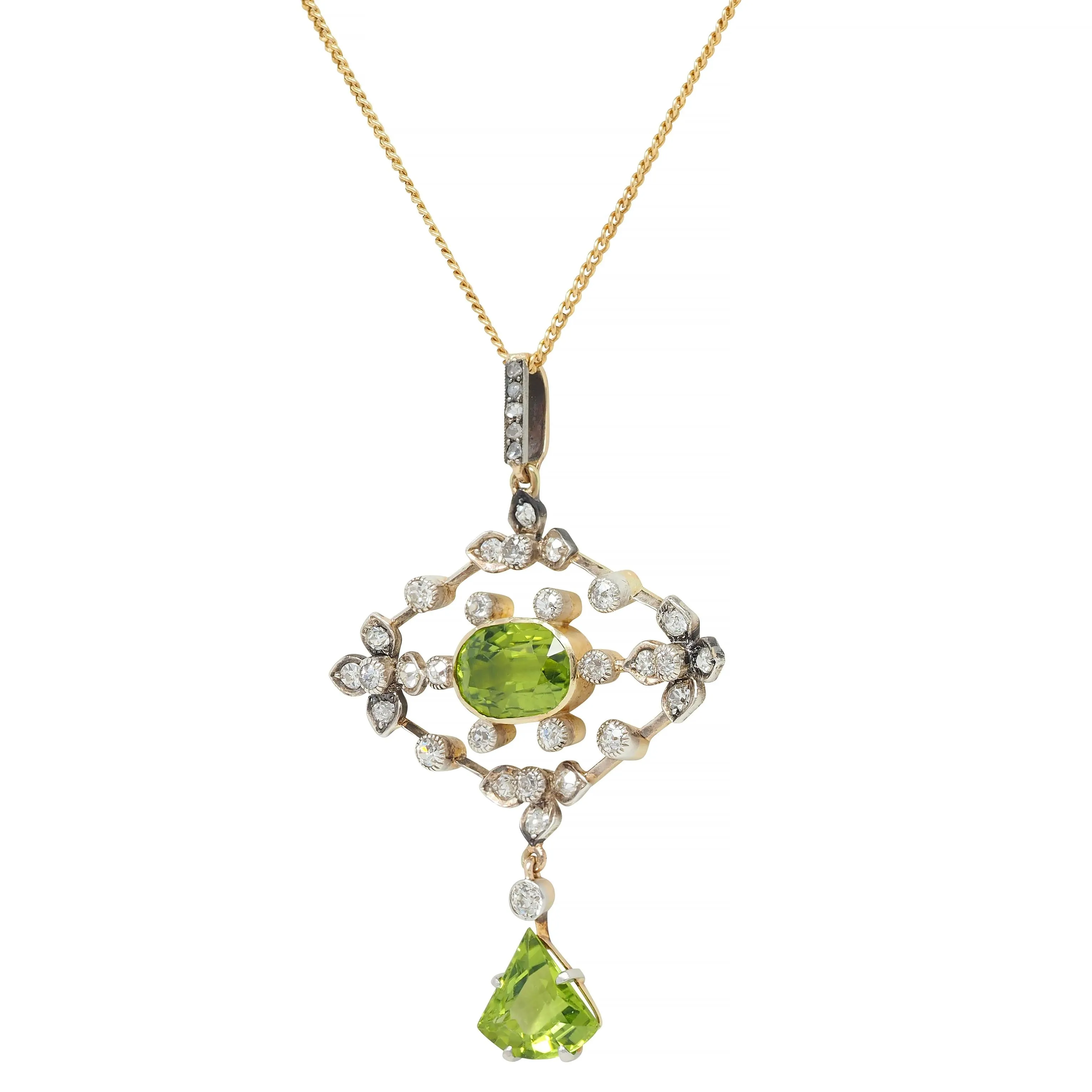 Edwardian 4.92 CTW Peridot Diamond 18 Karat Gold Silver Floral Antique Drop Pendant Necklace
