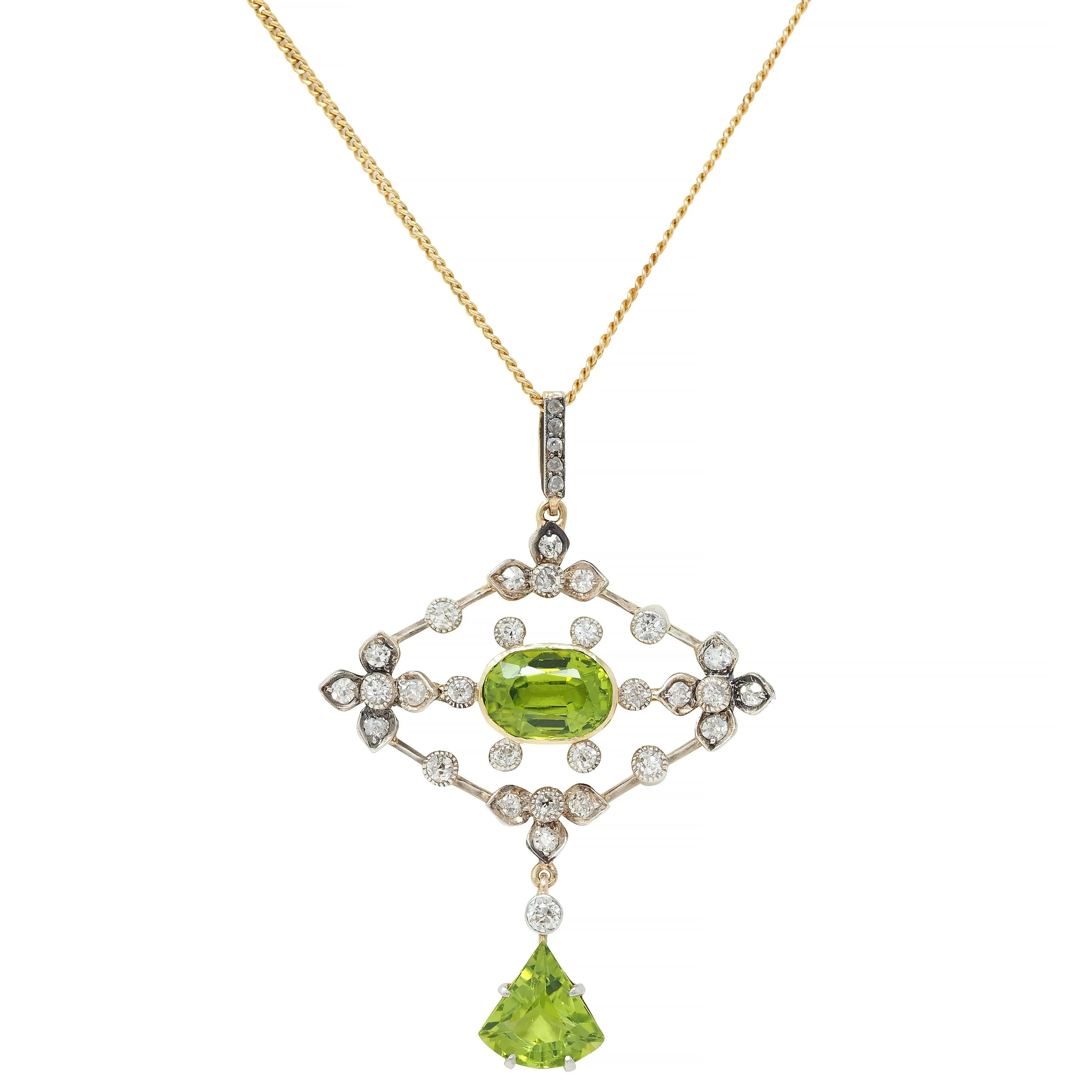 Edwardian 4.92 CTW Peridot Diamond 18 Karat Gold Silver Floral Antique Drop Pendant Necklace