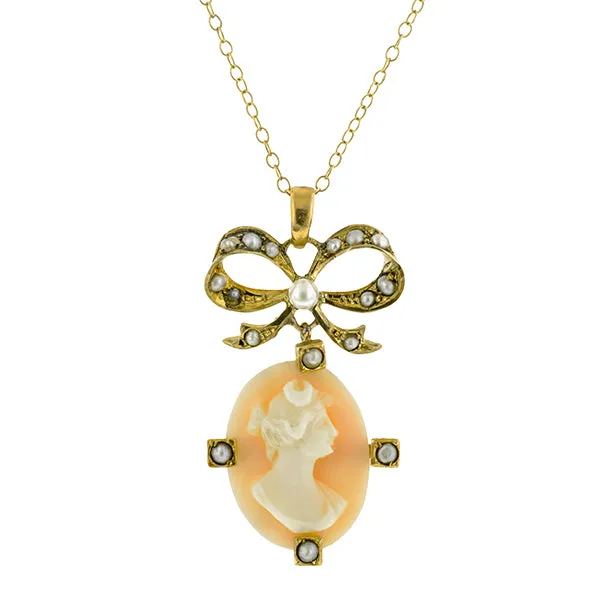 Edwardian Cameo & Seed Pearl Pendant Necklace