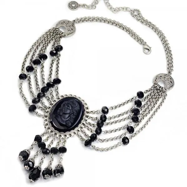 Elvira's Transylvania Cameo Necklace - Silver/Black -