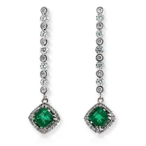 Emerald & Round Diamond Dangling  Earrings, 18k White Gold