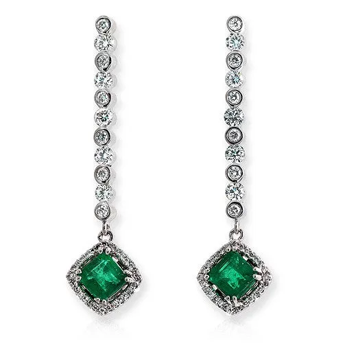 Emerald & Round Diamond Dangling  Earrings, 18k White Gold