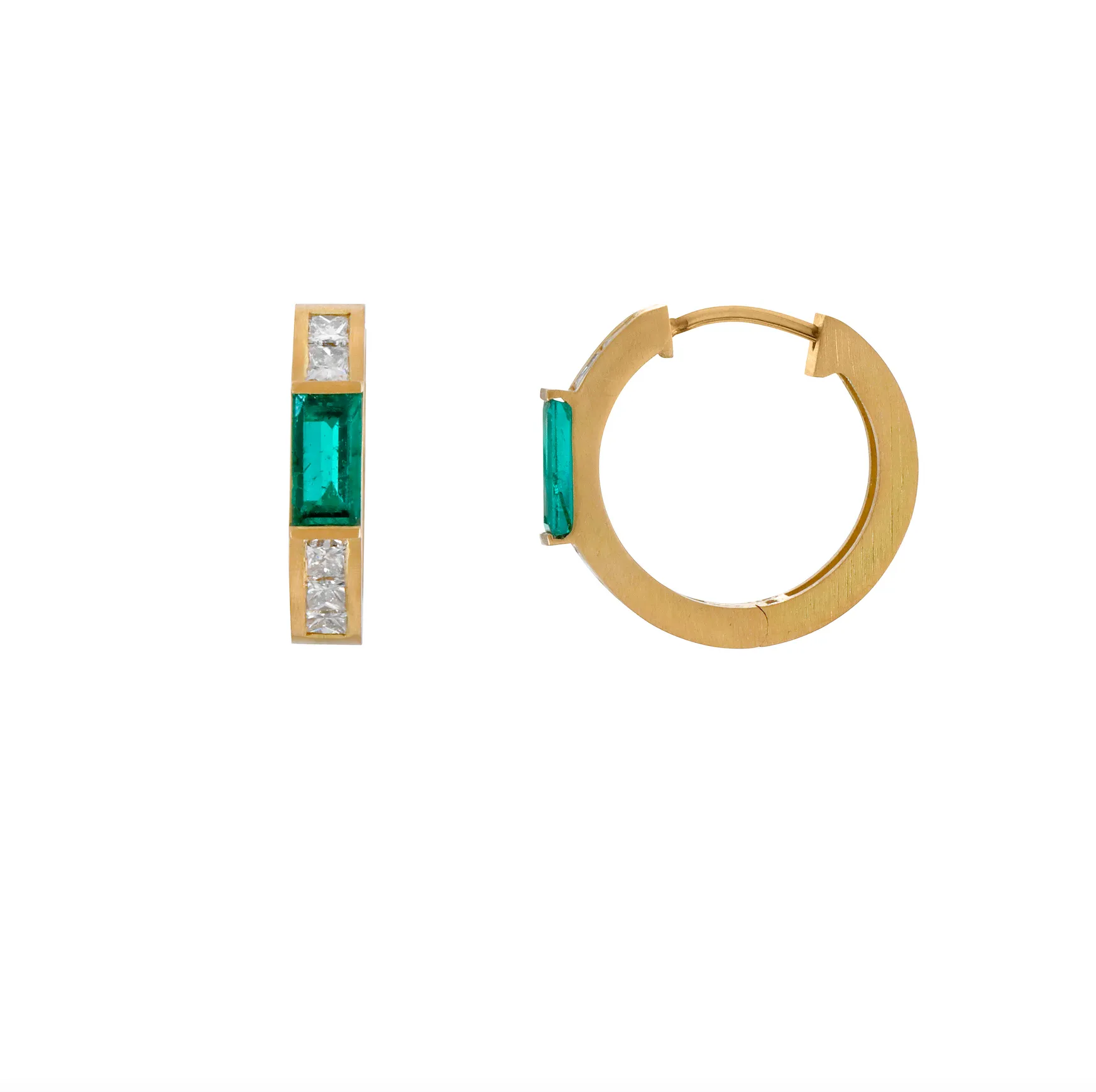 Emerald Baguette Huggies with Diamonds
