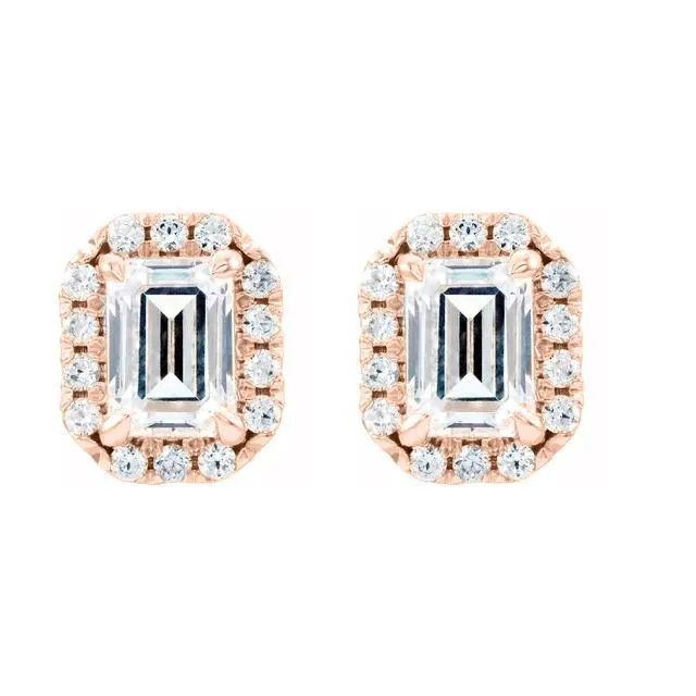 Emerald Center Accented Diamond Halo 4 Prong Earrings