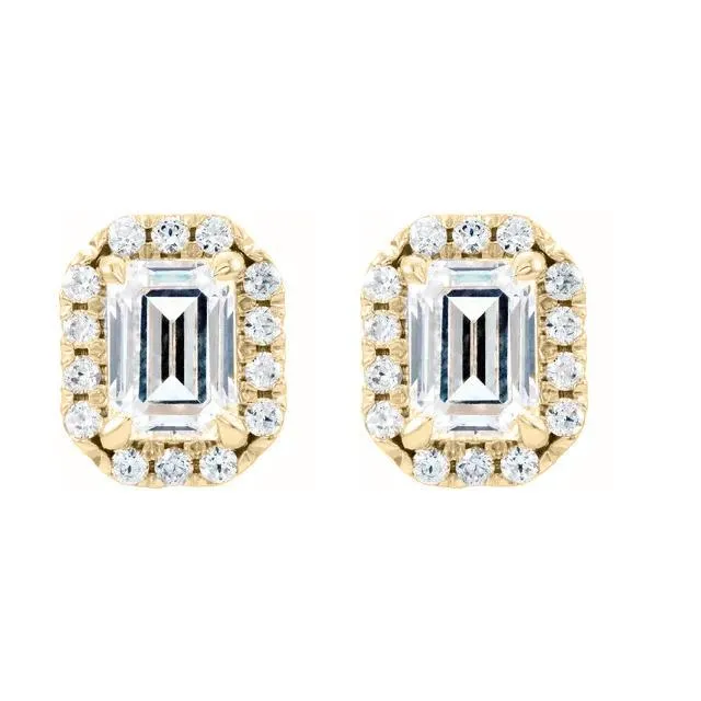 Emerald Center Accented Diamond Halo 4 Prong Earrings