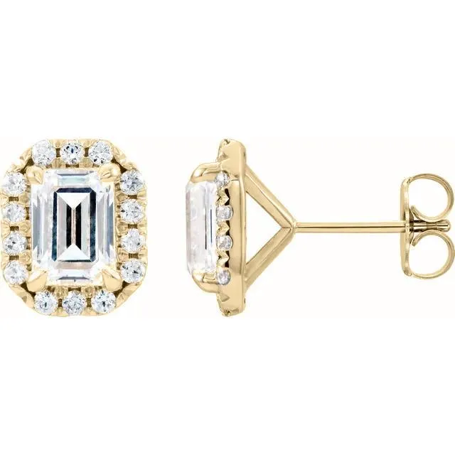 Emerald Center Accented Diamond Halo 4 Prong Earrings
