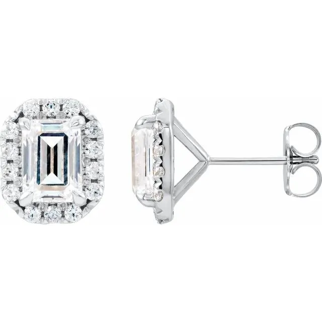 Emerald Center Accented Diamond Halo 4 Prong Earrings