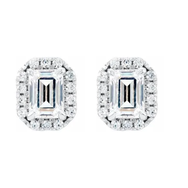 Emerald Center Accented Diamond Halo 4 Prong Earrings
