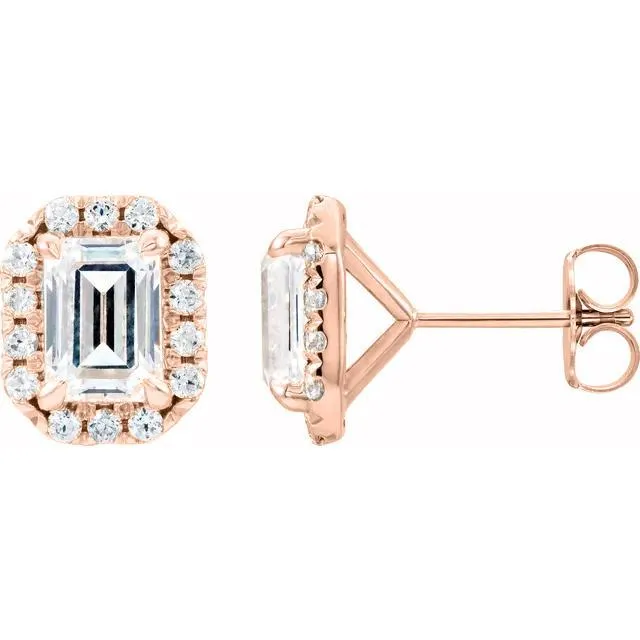 Emerald Center Accented Diamond Halo 4 Prong Earrings
