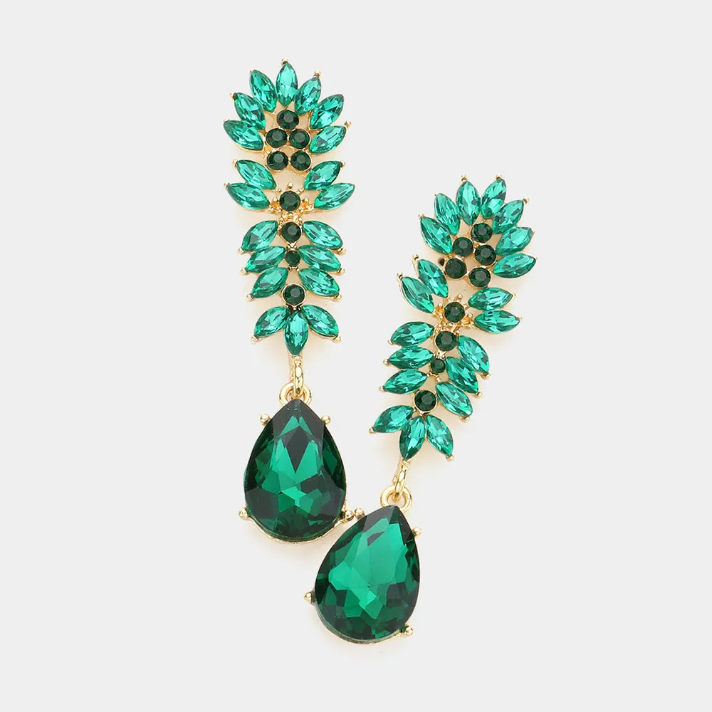 Emerald Crystal Stone Cluster Dangle Pageant Earrings | Prom Earrings |  407447