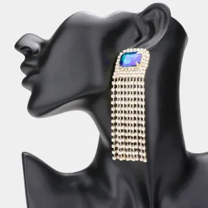 Emerald Cut Blue AB Stone Accented Rhinestone Fringe Pageant Earrings on Gold | Prom Earrings |  589201