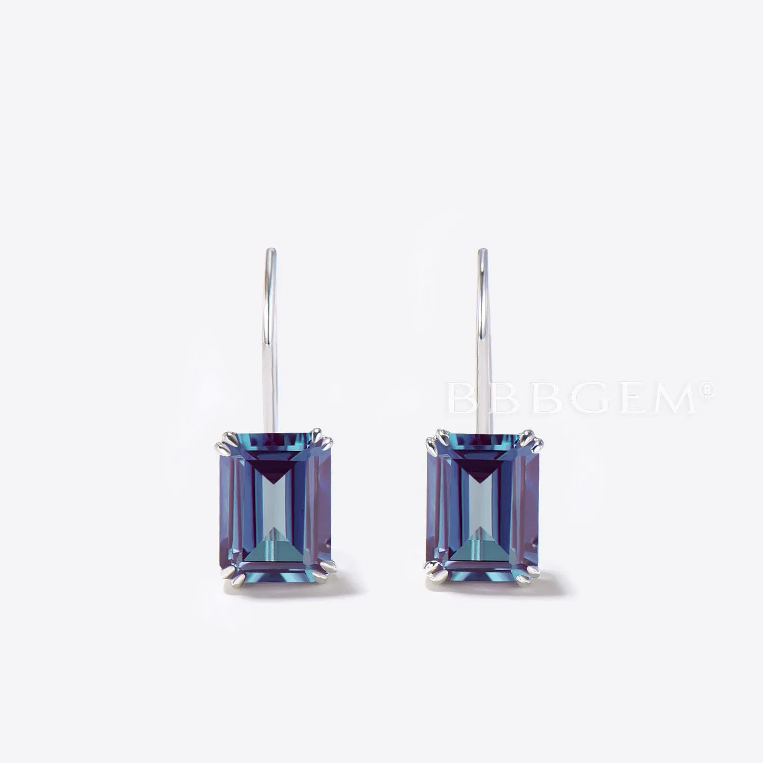Emerald Cut Color-change Alexandrite Minimalist Hook Earrings Solitaire Earrings