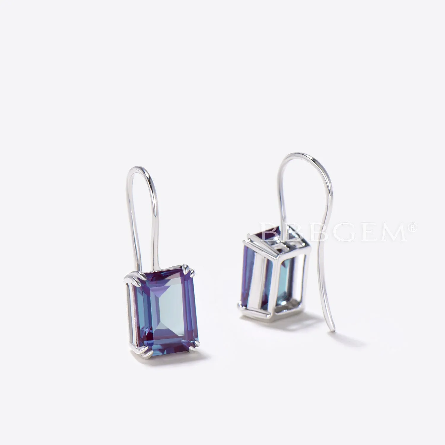 Emerald Cut Color-change Alexandrite Minimalist Hook Earrings Solitaire Earrings