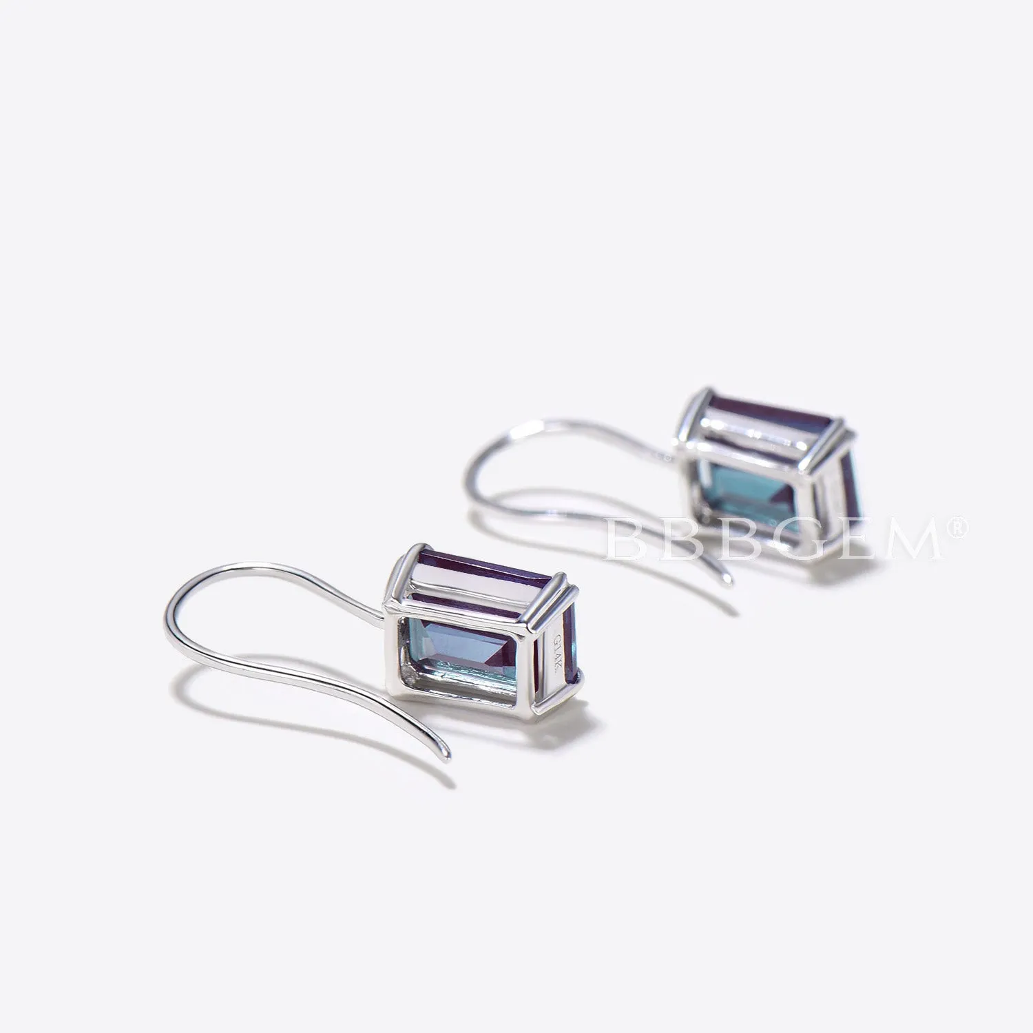 Emerald Cut Color-change Alexandrite Minimalist Hook Earrings Solitaire Earrings