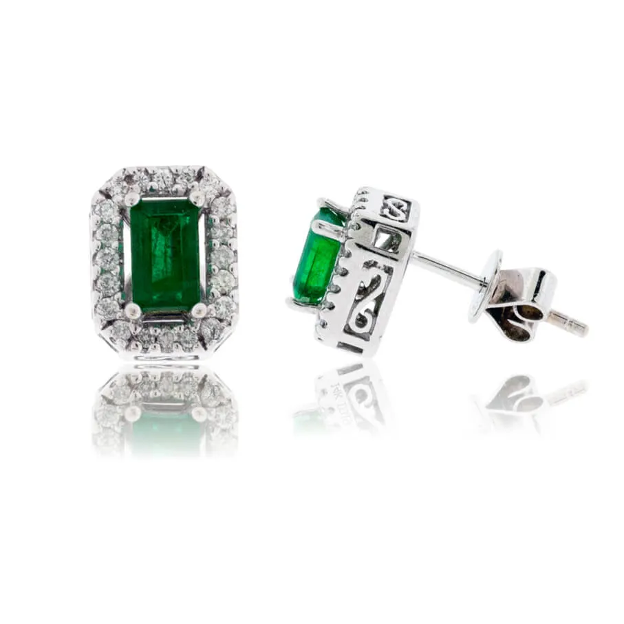 Emerald-Cut Emerald & Diamond Halo Stud Earrings