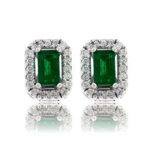 Emerald-Cut Emerald & Diamond Halo Stud Earrings