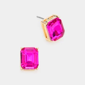 Emerald Cut Fuchsia Stone Stud Pageant Earrings | Interview Earrings |  586681
