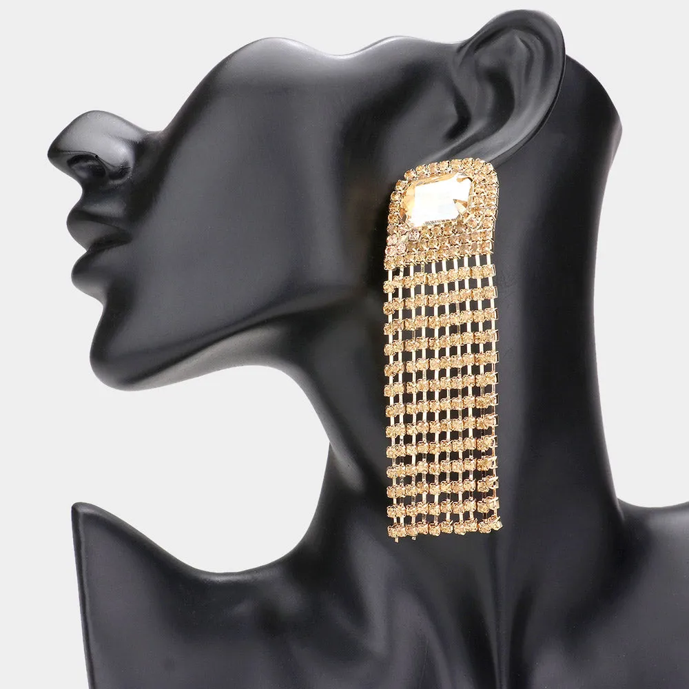 Emerald Cut Light Topaz Stone Accented Rhinestone Fringe Pageant Earrings on Gold | Prom Earrings |  589203