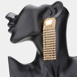 Emerald Cut Light Topaz Stone Accented Rhinestone Fringe Pageant Earrings on Gold | Prom Earrings |  589203